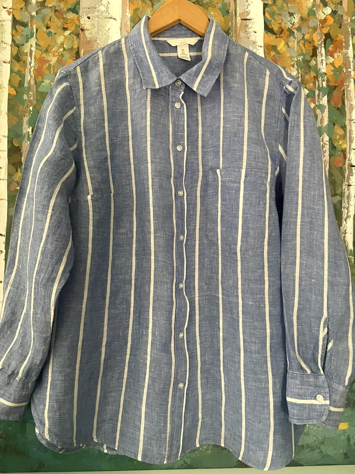 H & M женщин sz L рубашка 100% льняной свет Airy натуральный здоровый классические полоски - Изображение 2 из 4