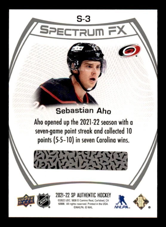 2021-22 SP Authentic Spectrum FX #S3 Sebastian Aho Carolina Bounty Unscratched - Image 2 of 2