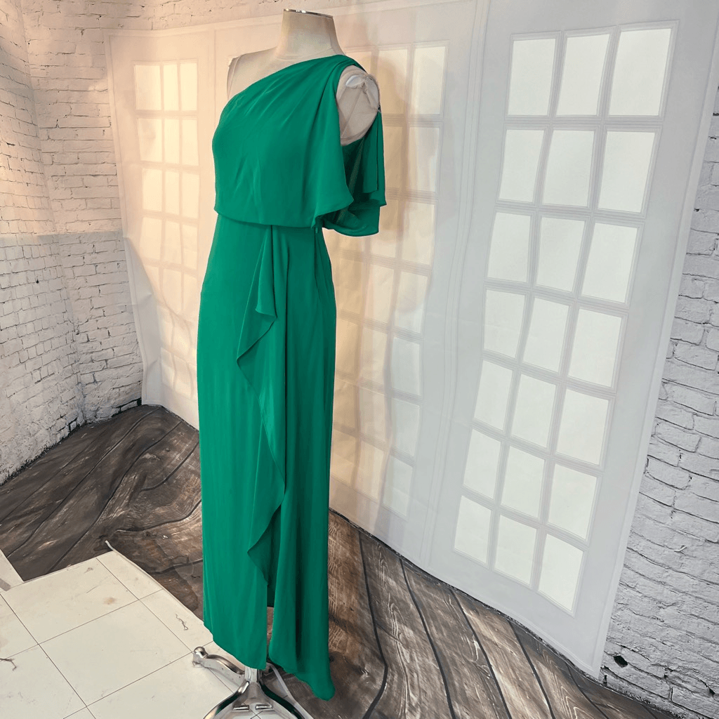 BCBGMaxazria Kendal One Shoulder Ruffle Side Slit Evening Gown Green Size 0  | eBay