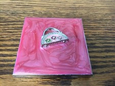 Folding Pocket / Handheld Mirror Silver Tone Pink Square Flower Purse On It