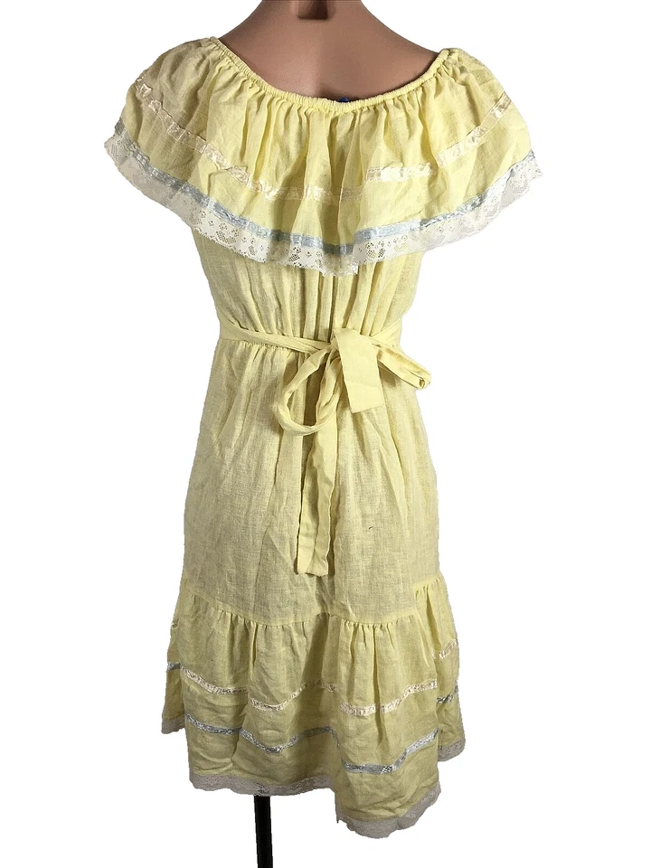 Vestido de verão vintage em camadas renda chalé núcleo papel lua anos 70 babado fora do ombro - Imagem 2 de 4