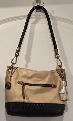The Sak Indio Leather Sahra  Bloc Beige Black & Tan Shoulder Bag with Tassel Y2K