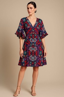nanette lepore Surplice Dress 6 Multi 100% SILK Floral Flare USA MADE 337-4163