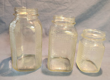 Vtg. Lot of 3 Square Waffle Glass 2 Qt. + 1 Pt. Canning Jars No Lid Label Window