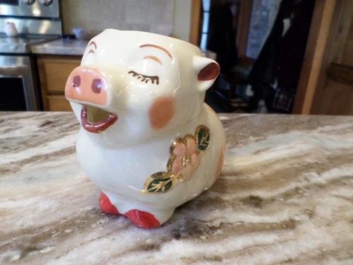 Shawnee Pottery Floral Smiley Pig Creamer With Gold Trim MINT RARE