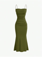 Army Green MOD Solid Ruched Mermaid Hem Cami Dress Sz XS S M L