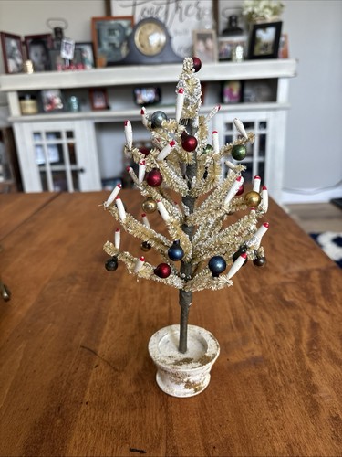 Rare Vintage Christmas Tree W/Candles And Glass Ornaments 9.5” Tall
