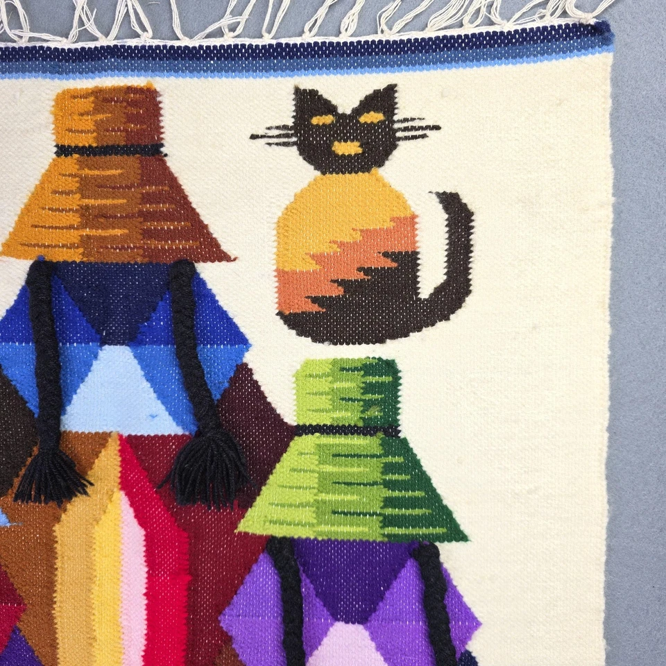 Tapeçaria de parede tecida à mão gatos coloridos lã kilim arte geométrica 21 x 30 - Imagem 2 de 4