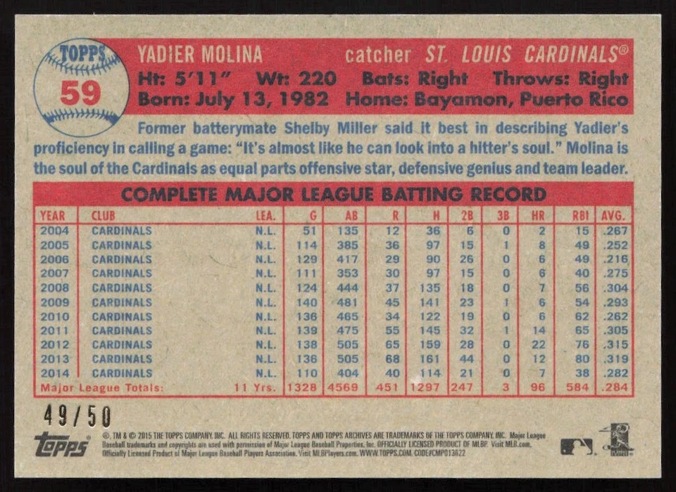 Yadier Molina 2015 Topps Archives Gold #59 #/50 - St. Louis Cardinals - Image 2 of 2