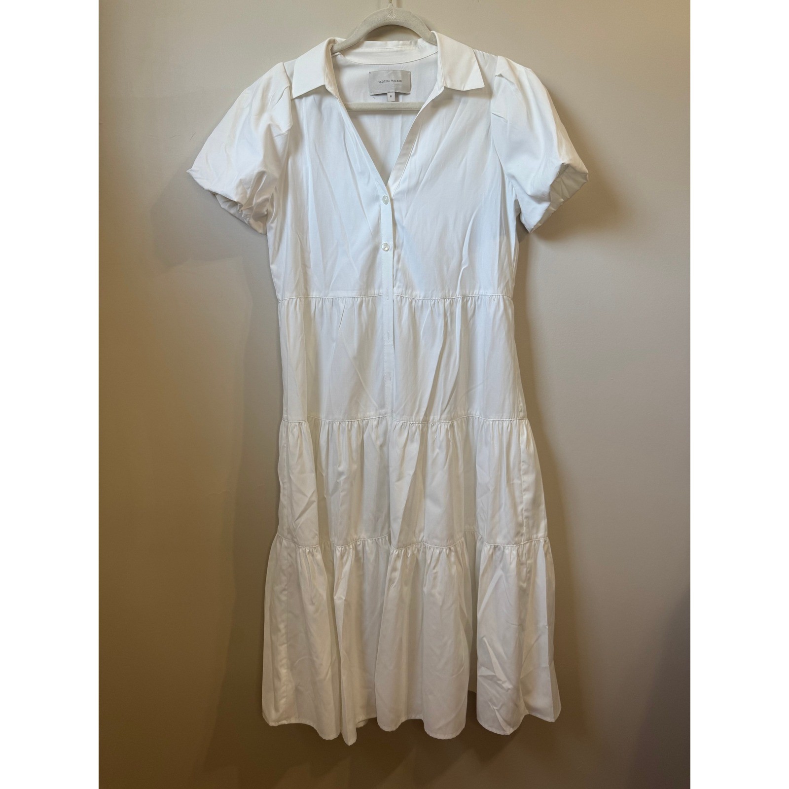 Brochu Walker Havana Tiered Midi Dress White Puff Sleeve Cotton Poplin Size M image 3