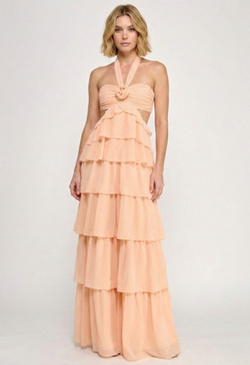 Seni & Cade Womens Juniors Chiffon Cutout Ruffle Gown Dress Peach Size Xs