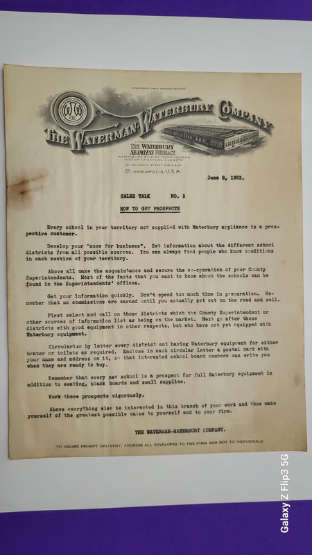 20thC illustrated Waterbury Company Billhead heater salesman typed sales letter