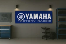 Yamaha Factory Racing Banner 71x24 Blue Garage Decor | Motorcycle Workshop Sign