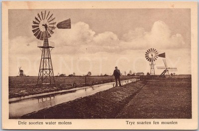 Antike AK Drei Arten Wassermühlen Mann Kanal Friesland Niederlande