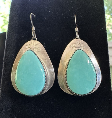 Stamped Sterling Silver & Turquoise Hook Earrings With Makers Mark