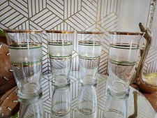Midcentury Libbey Gold and Green Striped Water Glasses Set of 4