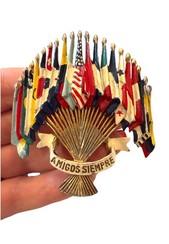 Vintage Coro Amigos Siempre Enamel Flag Brooch