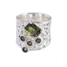 Solid 925 Sterling Silver Natural Moldavite Gemstone Cigar Ring Band Jewelry