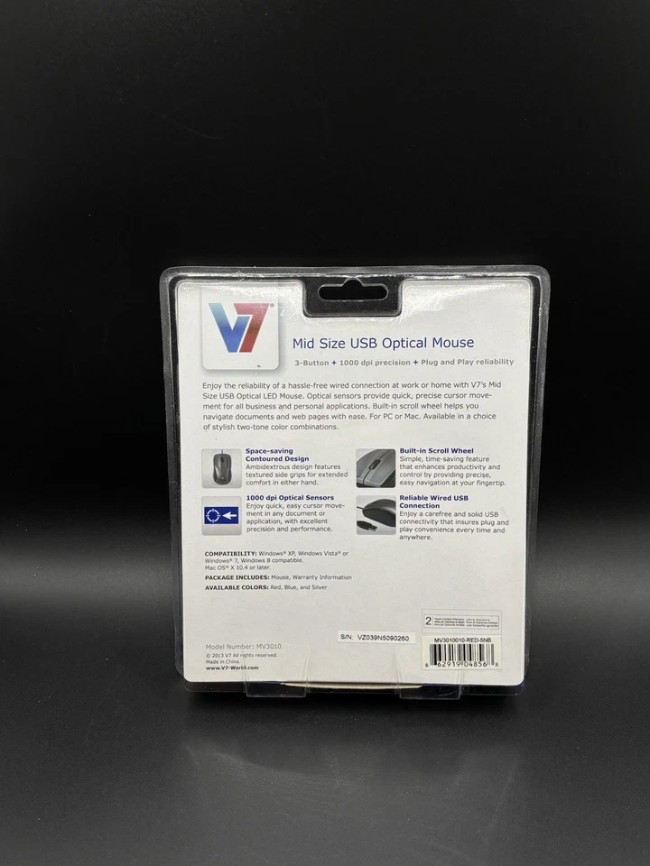 New V7 USB Optical Mouse MV3010 Full Size Wired Plug and Play 3 Button Red Mouse - Image 3 of 3
