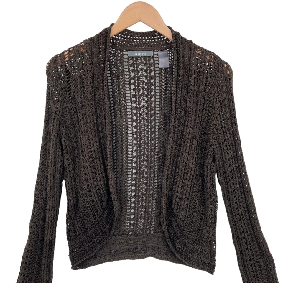 Cárdigan suéter Liz Claiborne para mujer mediano marrón tejido manga larga frente abierto Foto 3 de 4