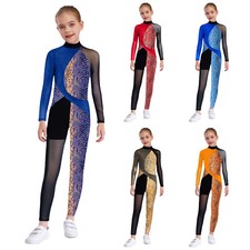 UK Girls Gymnastic Leotard Full Body Catsuit Long Sleeve Ballet Dance Unitard