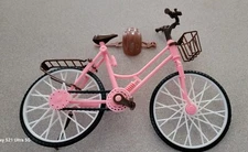 Barbie Doll Miniature Pink Bicycle Bike Brown Seat Basket and Helmet  1:6 Scale 