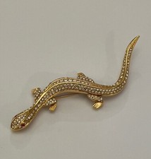 VINTAGE Attwood & Sawyer Gold Tone Swarovski Crystal Studded Lizard Brooch