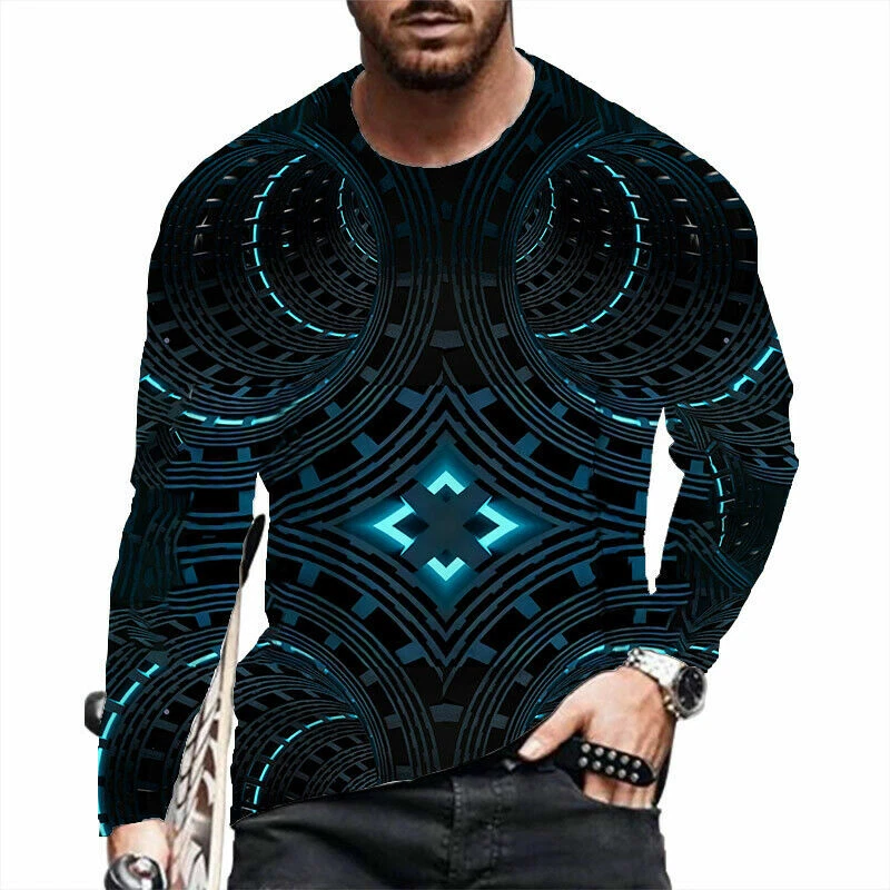 T Shirt Men's Long Sleeve 3D Optical illusion Fashion Teal Navy Blue Novelty Tee