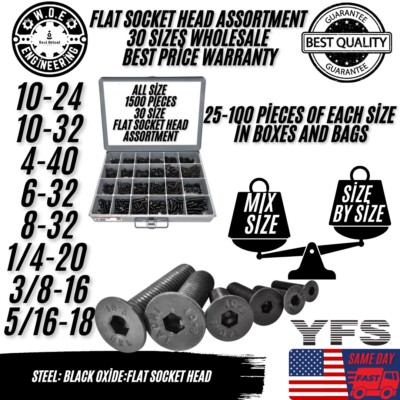Assortment Alloy Flat Socket Head Cap Screws 250/750/1500 Pcs or 5/20 lbs