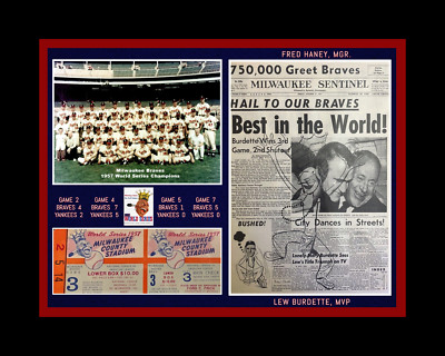 MILWAUKEE BRAVES 1957 WORLD SERIES CHAMP MATTED COLLAGE OF TEAM PIC/NEWSPAPER #2