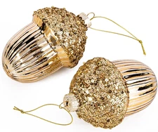 SET OF 2 Gold Acorn Ornaments, Glass Ornaments, Christmas Tree Decor 4"