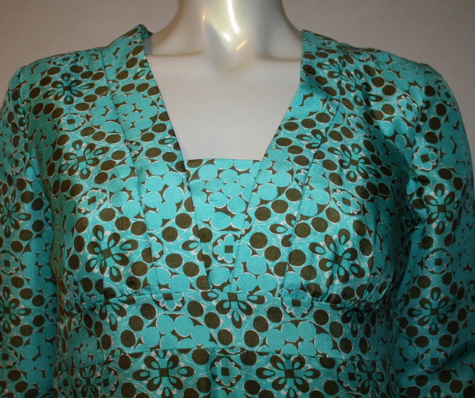 Vestido túnica Milly NY azul turquesa marrom seda top 4 bolinhas geométrico 3/4 Sle - Imagem 2 de 4