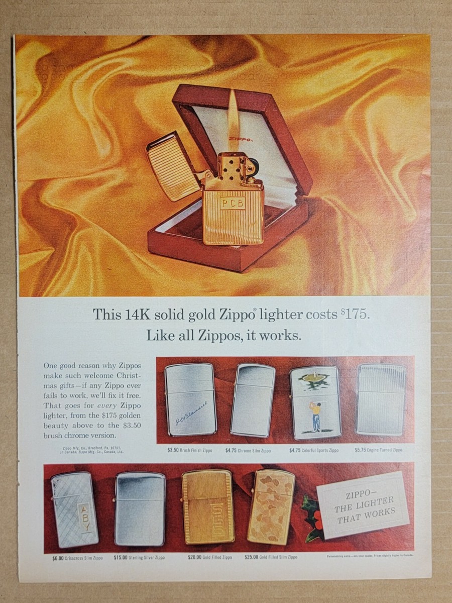 Original Vintage 1960's 1965 Print Ad Ads Zippo 14K Solid Gold