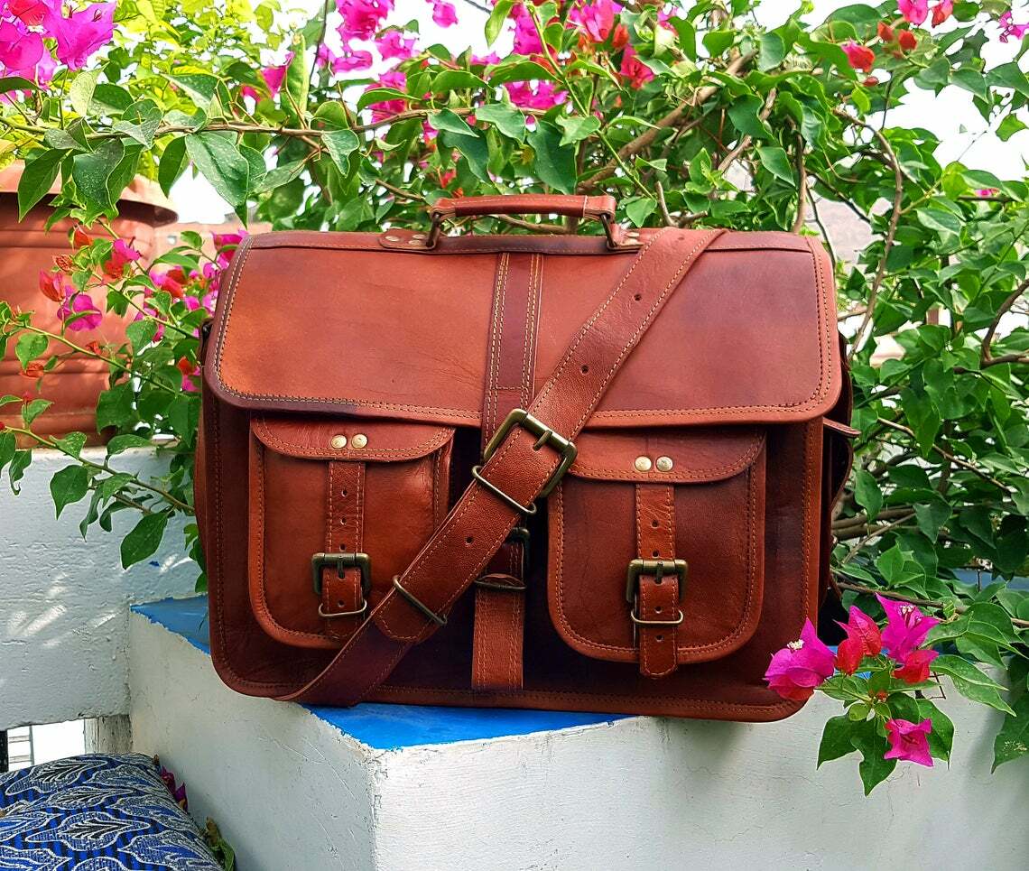 17 Inch Mens Genuine Rustic Leather Laptop Messenger Shoulder Bag