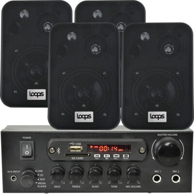 Schlafzimmer Bluetooth Musiksystem 4x schwarze Lautsprecher & 110W Amp Hintergrund Audio