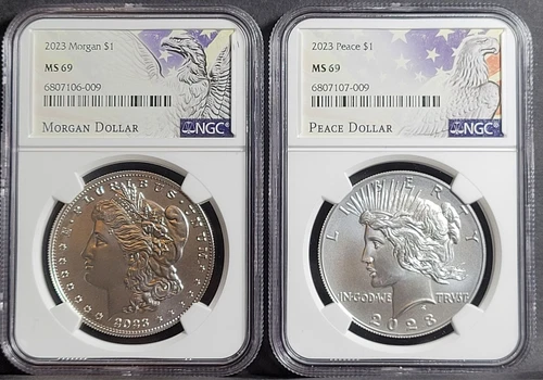 2023 SILVER PEACE & MORGAN DOLLAR 2 COIN SET NGC MS69 , Ready To Ship