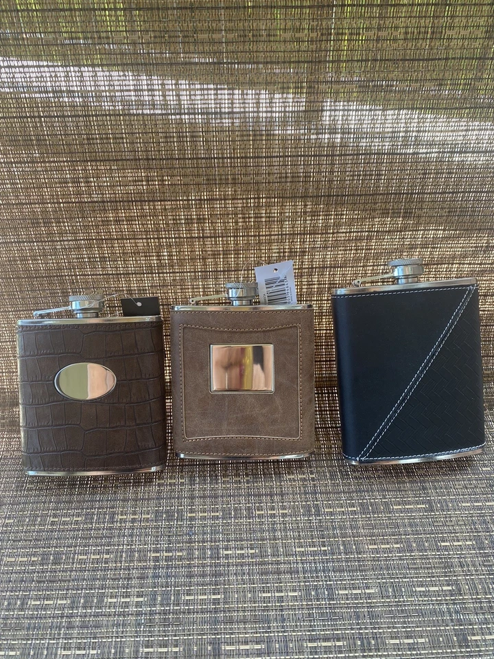 LEATHER OVER STAINLESS FLASKS NEW SET OF 3 SHOWER ,GROOMS,DADS RETAL $74 - Image 2 of 4
