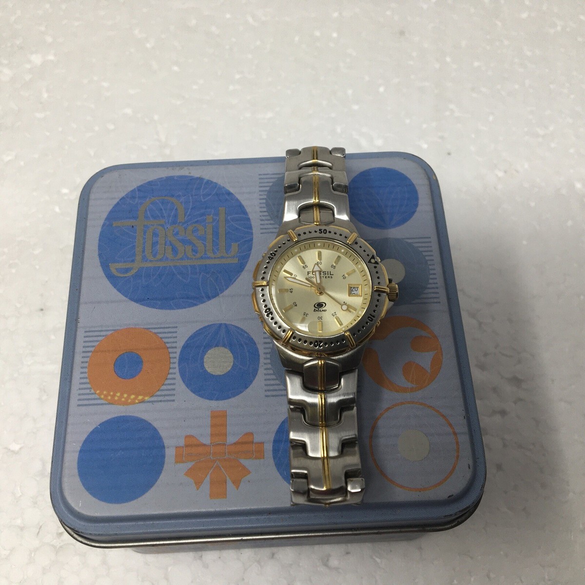 Fossil Blue Womens Watch AM-3683 Date Gold Dial Quartz Fossil Blue Womens Watch AM-3683 Date Gold Dial Quartz