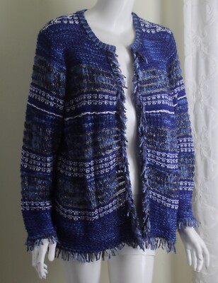 Chico's Sz 2 L Indigoblau Gehäkelt Art-To-Wear Funky Boho Pullover Strickjacke