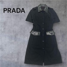 USED 【RARE】PRADA DRESS WITH LEATHER COLLAR AND POCKETS, BLACK, SIZE 40 GOOD