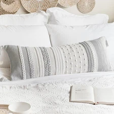 Gray Decorative Lumbar Pillow Cover 14x36, Grey Boho Long Body Pillow for Bed...