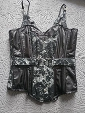 Corset Story Black Gothic Satin Lace Strappy Steel Boned Corset Top Size 16 UK