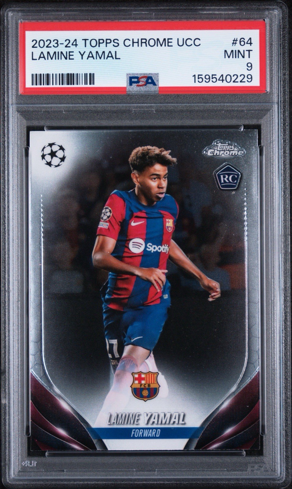 TOPPS CHROME UCC 2023-24 LAMINE YAMAL #64 ROOKIE FC BARCELONA PSA 9 RC