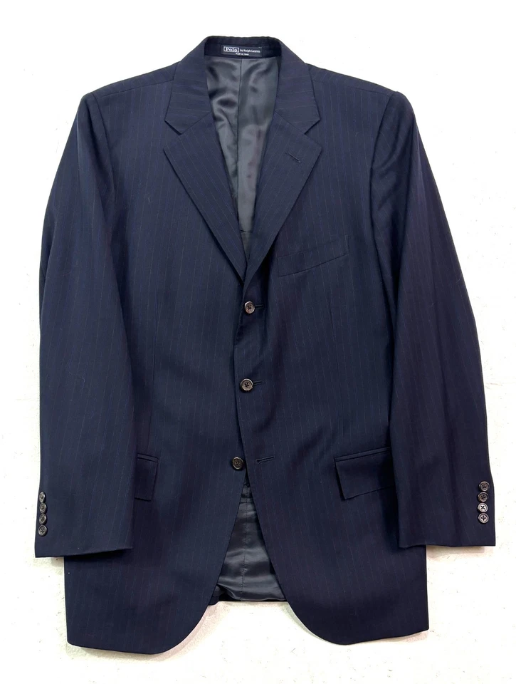 Polo Ralph Lauren 42R 34x30 Navy Blue Stripe 2pc Pant Suit Italy ExtraFine Wool - Image 2 of 4
