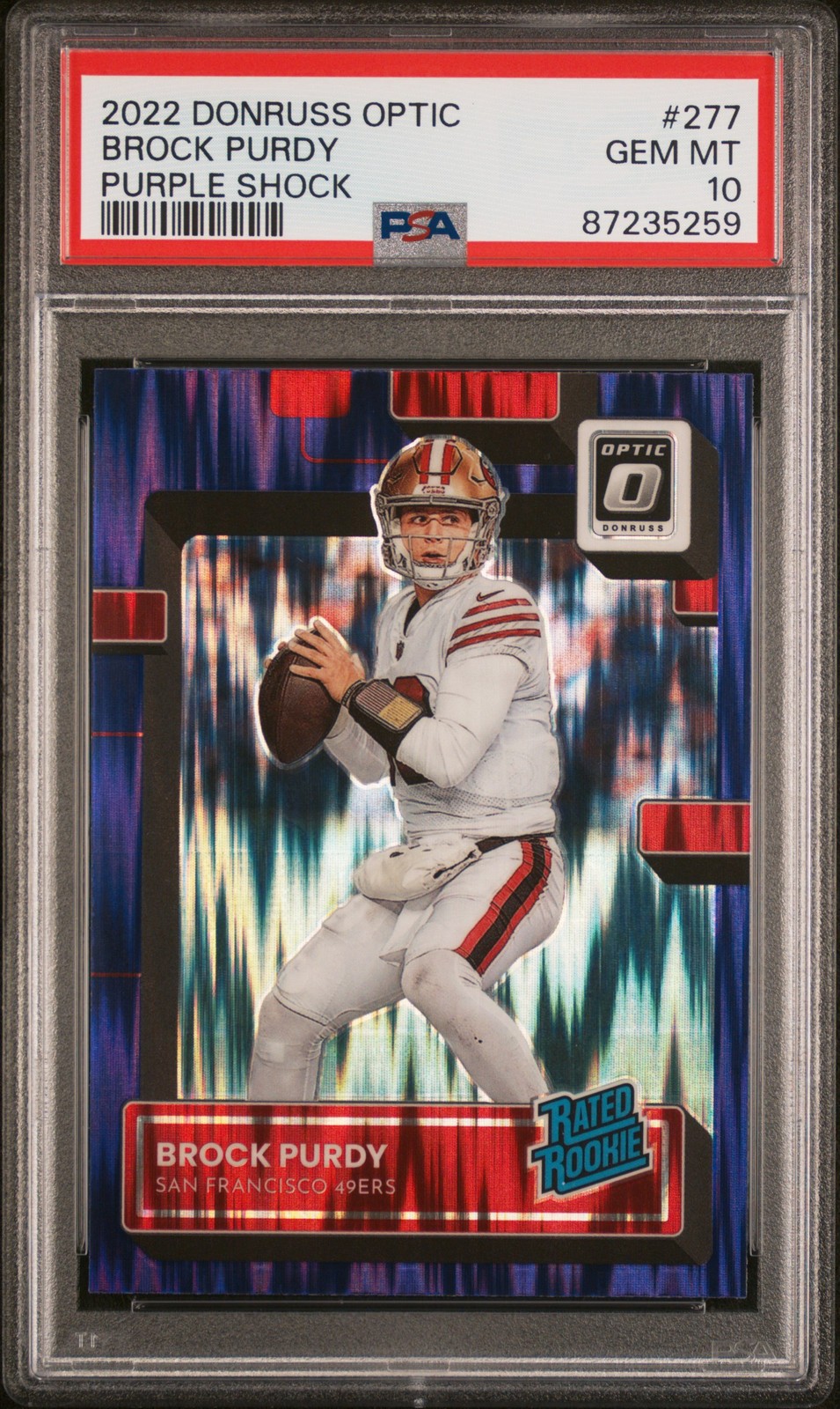 2022 Donruss Optic #277 Brock Purdy Purple Shock PSA 10