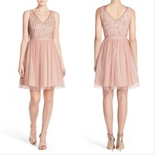 New! ADRIANNA PAPELL ~Size 12~ Bead Embellished V-Neck Tulle Dress Retail $248