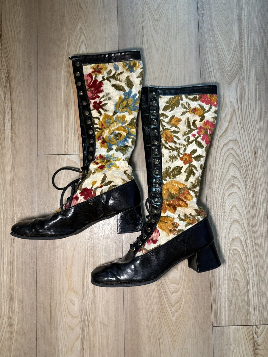 Vintage Lace up tapestry gogo boots 1960s 1970s go go mod twiggy