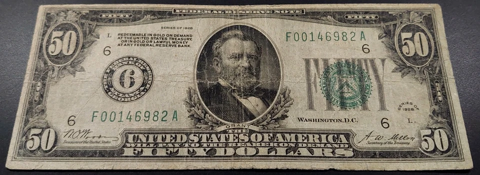 1928 $50 Federal Reserve Note "Big 6" Atlanta! Gold Clause! Fr# 2100 F. - Image 2 of 4