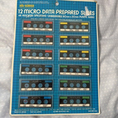 Set of Vintage Edu Science prepared microscope slides 48 Assorted specimens 1986