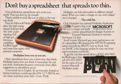 Microsoft Multiplan Vintage 1980s 2 Page Print Ad Spreadsheet Software Promo